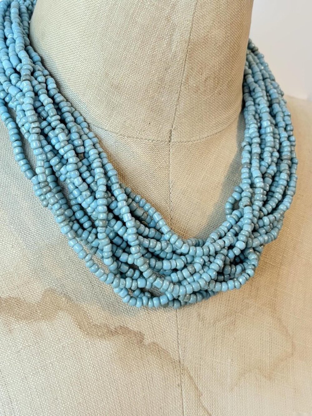 Vintage Blue Seed Bead Multi Strand Necklace: Glass Beads Boho Bohemian - Picture 5 of 5